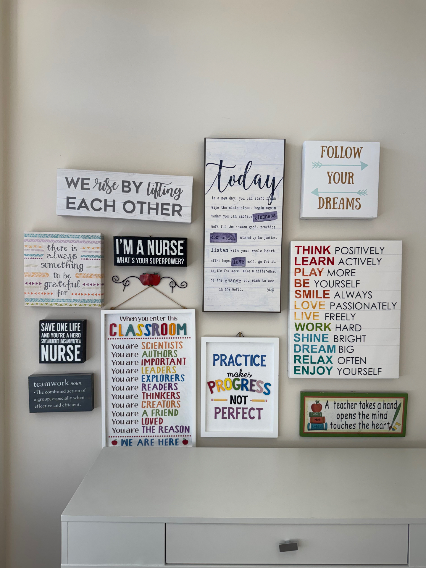 Classroom wall of encouraging quotes for nursing students at Inspire CNA School